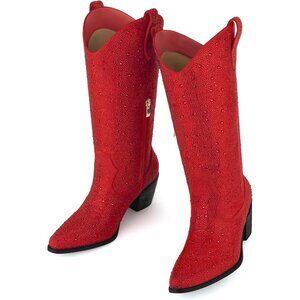 ⚡Women’s Red Rhinestone Cowboy Boots Mid Calf Pointed Toe Block Heel